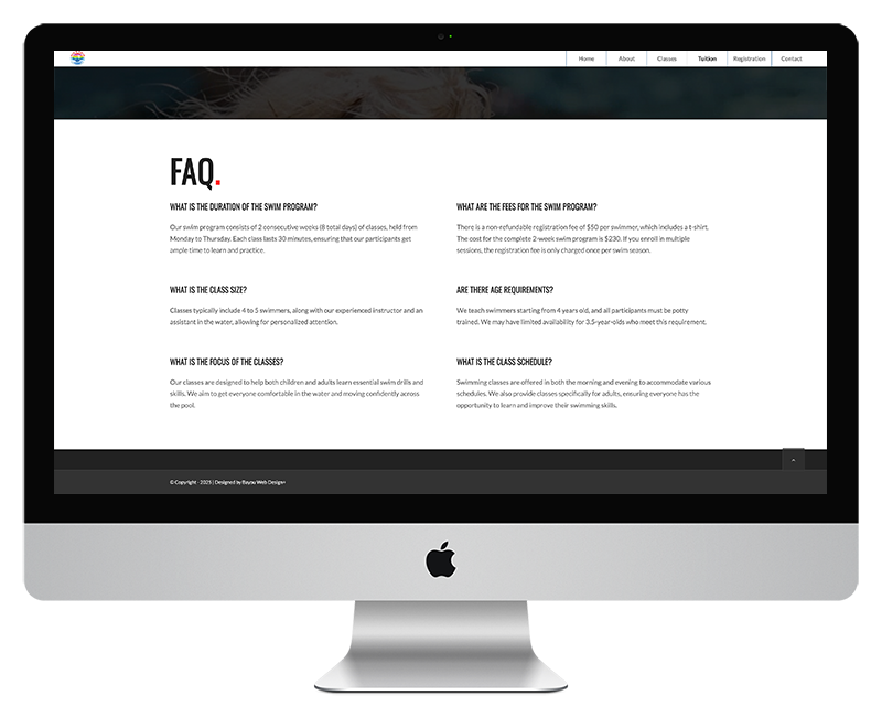 Kims Swim Lessons Web Design FAQ Page 1