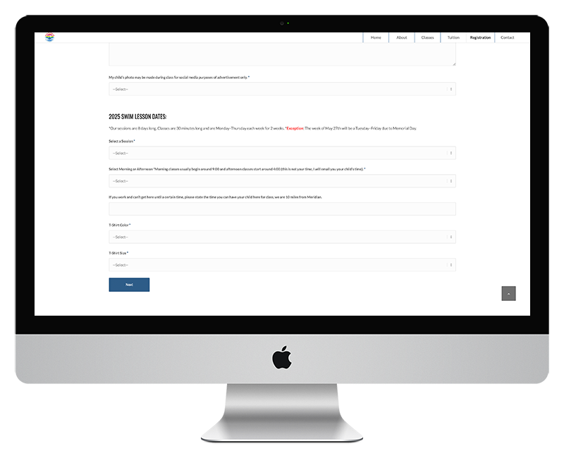Kims Swim Lessons Web Design Registration Page 2